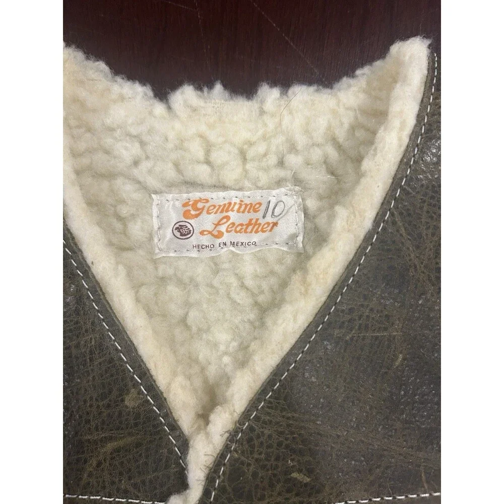 Vintage Genuine Leather Kids Sherpa Button Up Vest Size 10 Made In Mexico